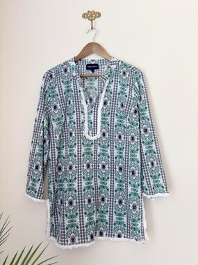 French Curve Green Floral Medallion Fringe Tunic Top Large Summer Resortwear